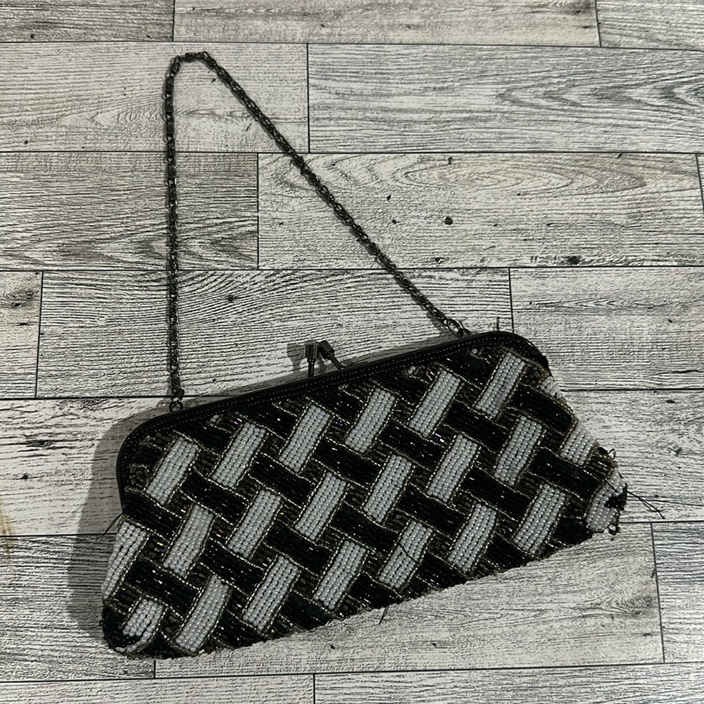 Moni couture black white basket weave beaded sparkling evening purse
